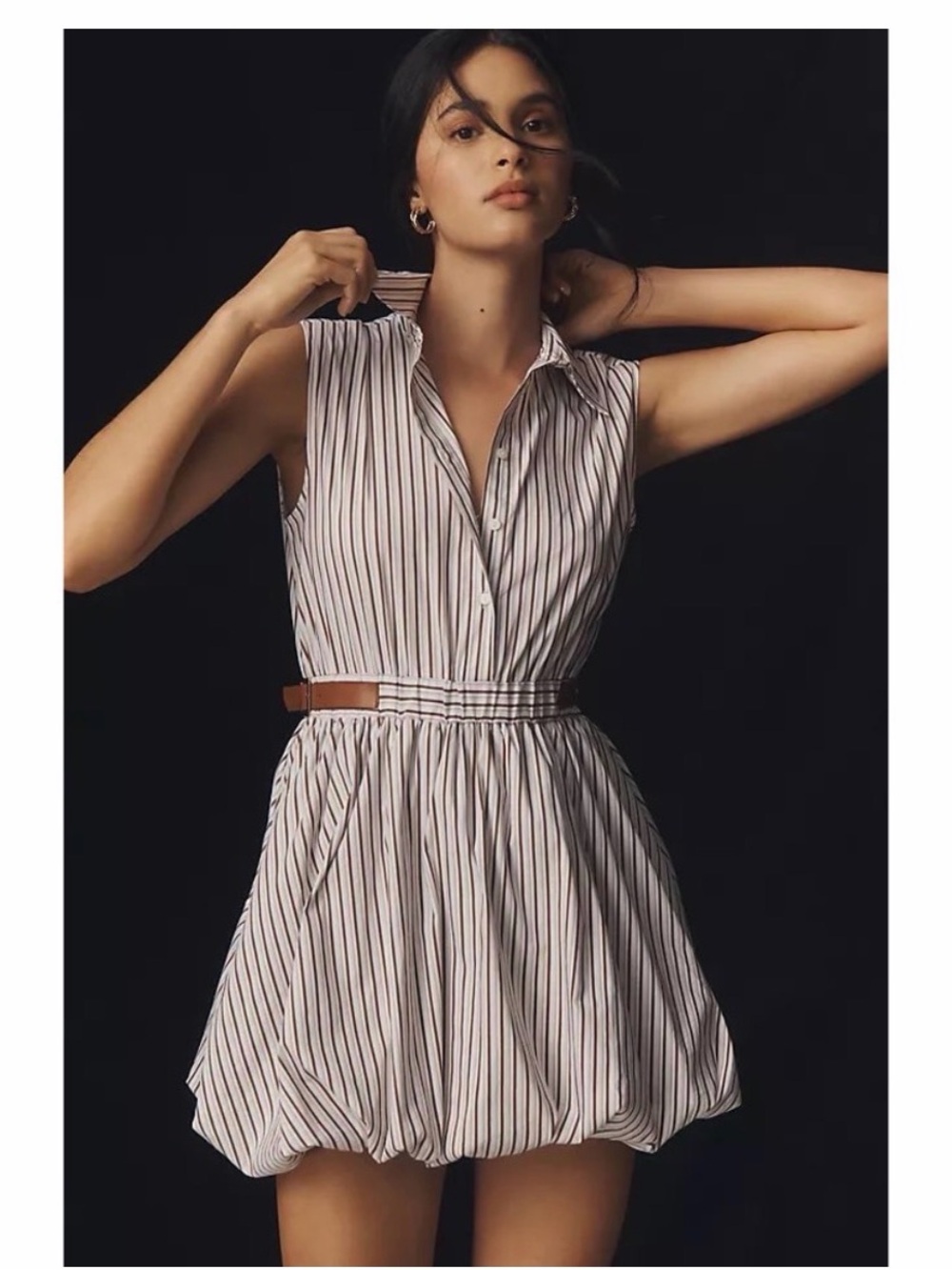 Anthropologie Maeve Sleeveless Striped Shirt Dress in White Brown bubble skirt
